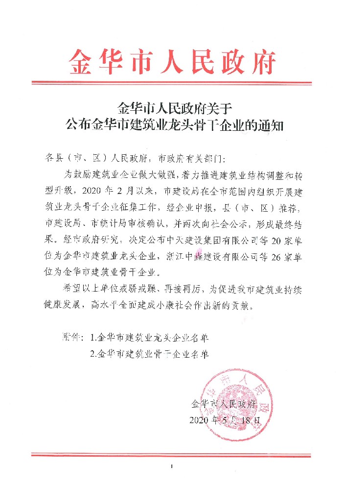 浙江中一建設(shè)有限公司再次獲評(píng)2020年度金華市建筑業(yè)骨干企業(yè)
